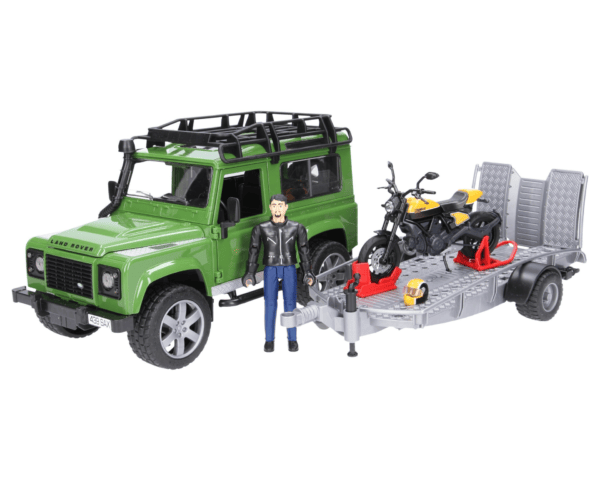 Auto Land Rover Defender - z przyczepą z motocyklem Ducati i figurką motocyklisty - ZESTAW - 02589 - BRUDER 1