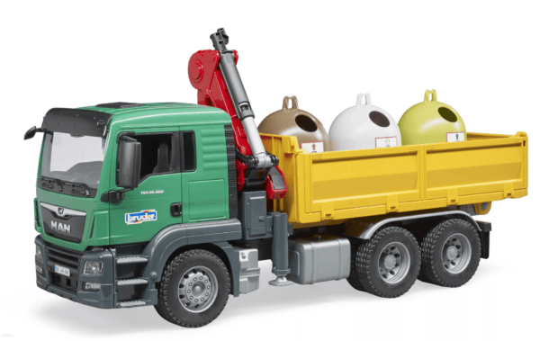 Ciężarówka MAN TGS wywrotka z żurawiem (HDS) i kontenerami do segregacji odpadów recyklingowych - 03753 - BRUDER 1