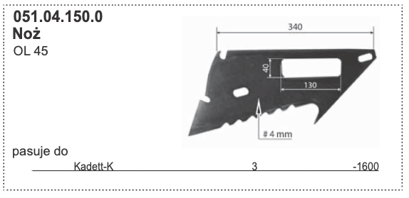 Nóż przyczepy samozbierającej - OL 45 - 051.04.150.0 - POTTINGER 1